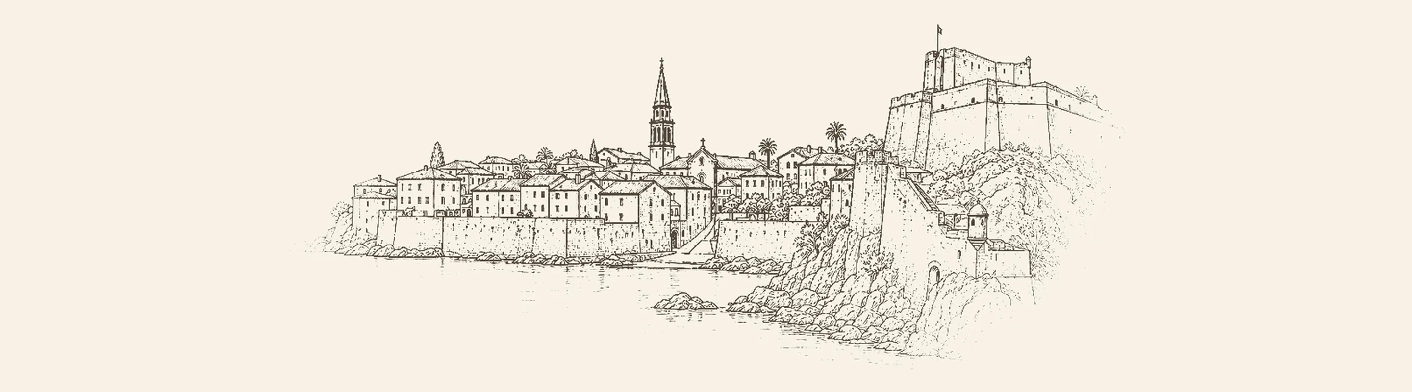 Budva'nın denize uzanan surlu eski şehri ve arkasındaki kayalık kıyı