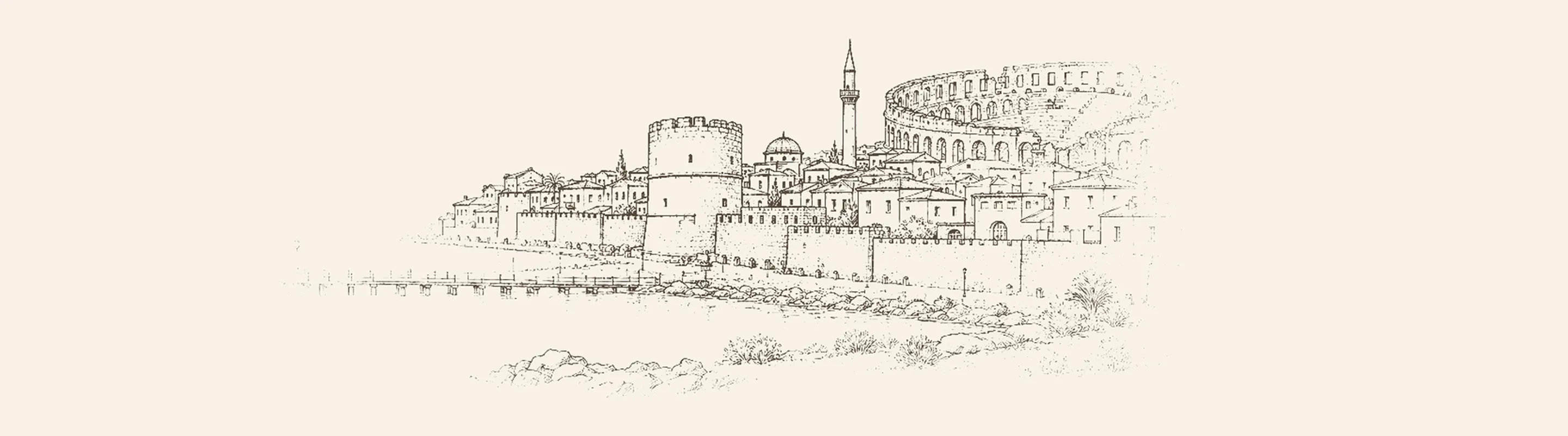 Durrës'in Roma amfitiyatrosu, sur kalıntıları ve arkasındaki liman