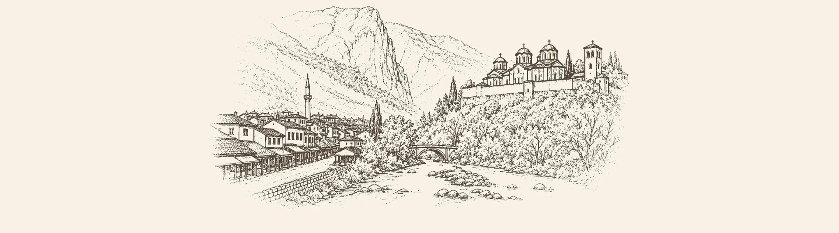 İpek'in çarşısı, manastır yapıları ve arkasındaki Rugova kayalıkları