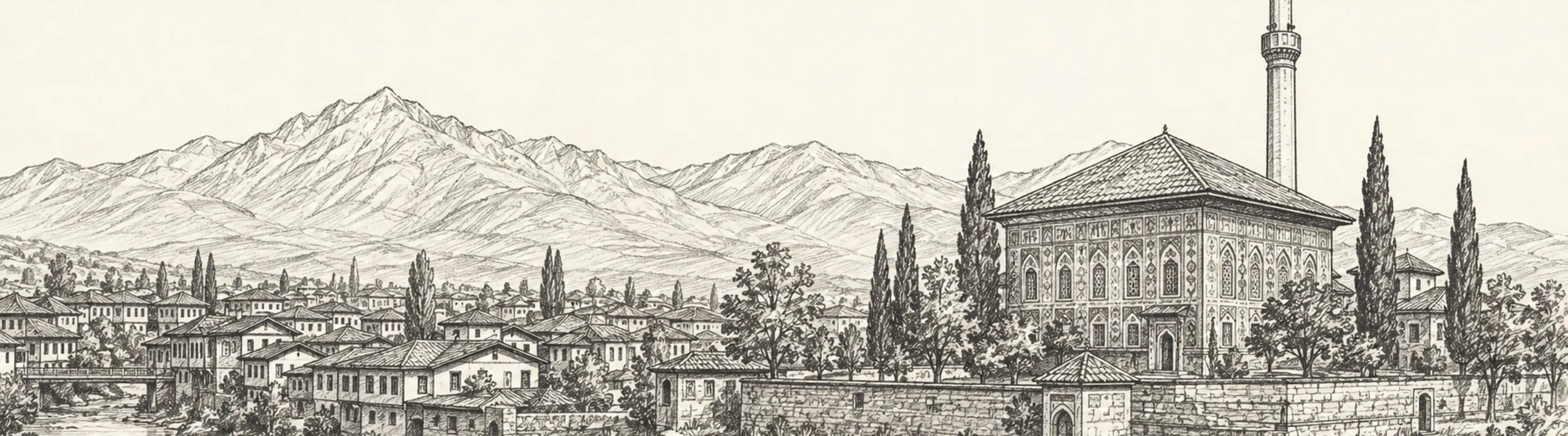 Pena nehri kıyısındaki renkli cepheli Alaca Cami ve arkasında yükselen Şar Dağı