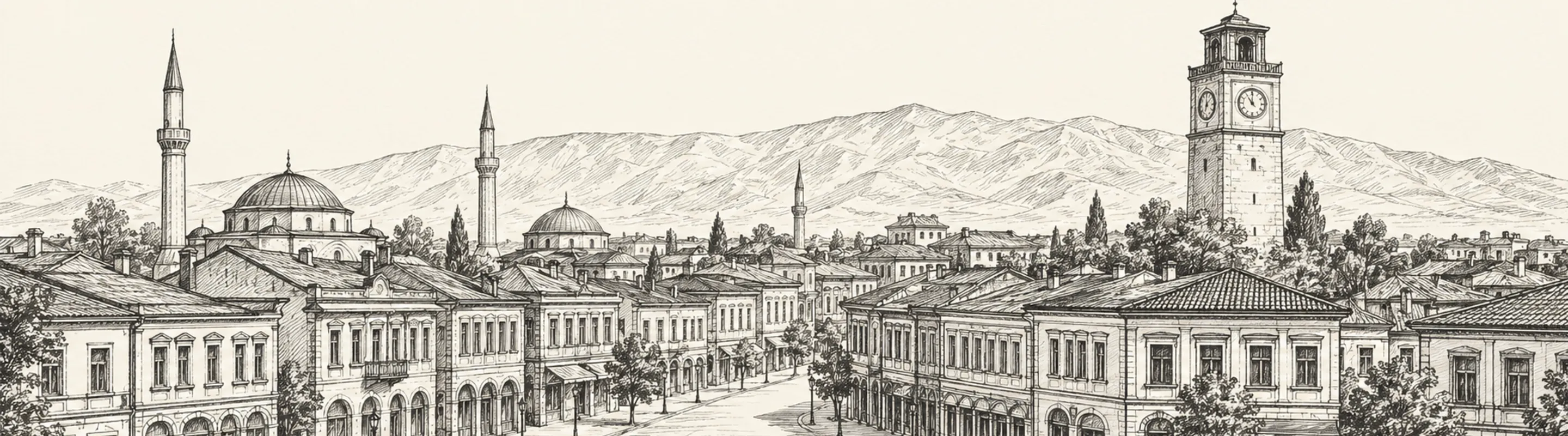 Şirok Sokak boyunca uzanan konsolosluk binaları ve şehrin simgesi Manastır Saat Kulesi