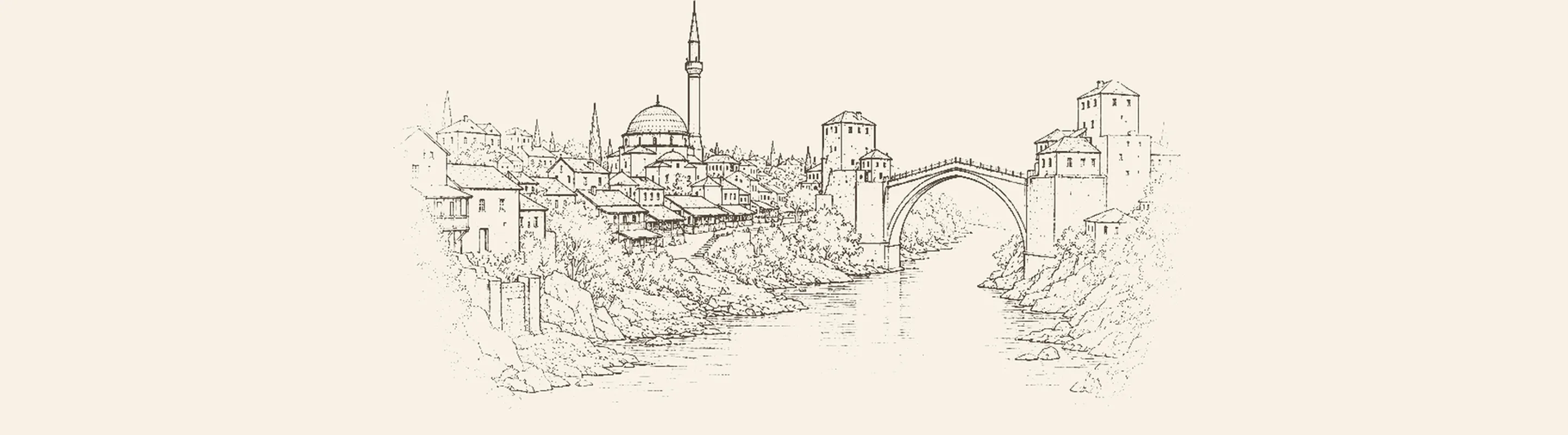Mostar'ın Neretva üzerindeki tek kemerli taş köprüsü ve iki yakadaki taş evler
