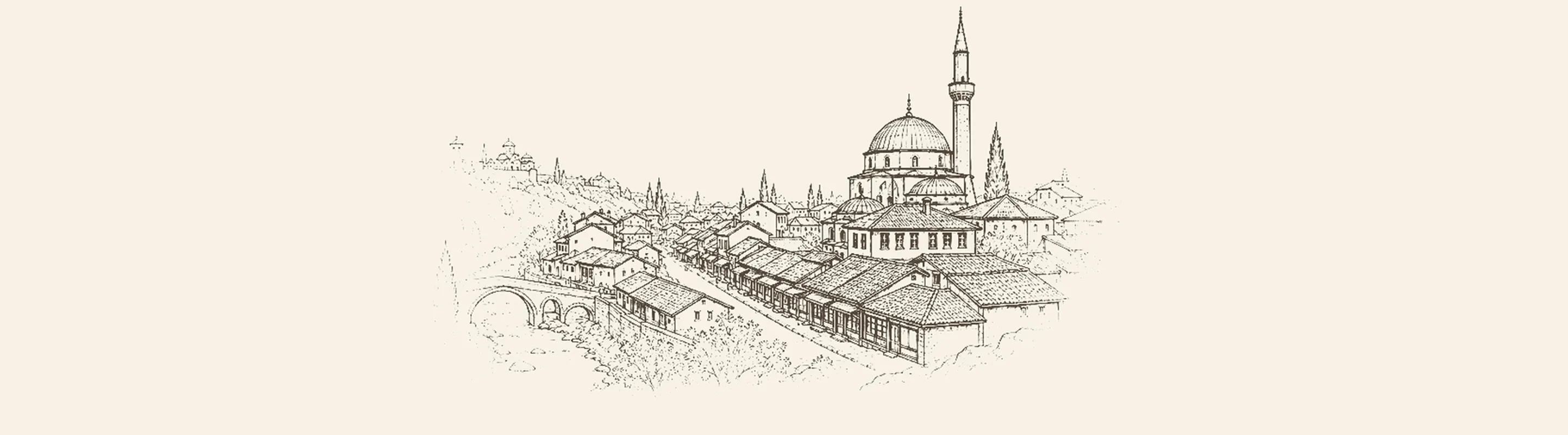 Novi Pazar'ın çarşısı, cami minareleri ve çevredeki manastır tepeleri