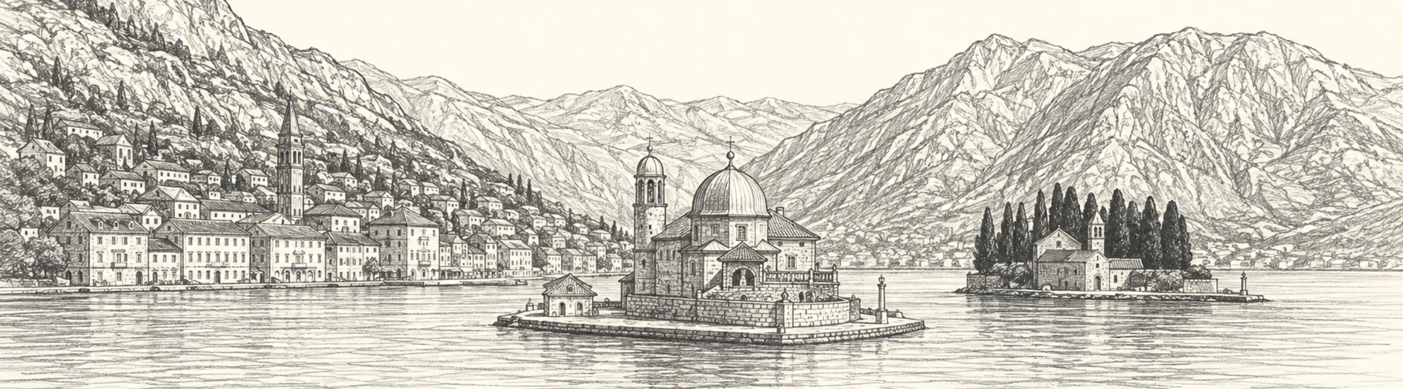 Perast'ın körfez kıyısına tek sıra dizilmiş barok kasaba silüeti ve karşısındaki iki ada