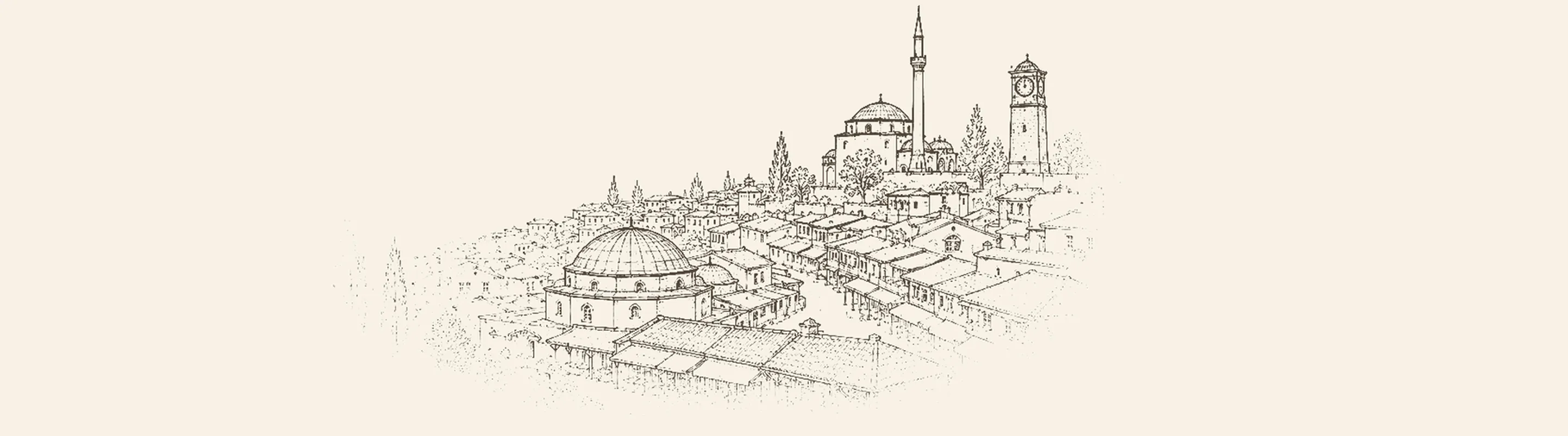 Priştine'nin eski çarşı çevresindeki silueti, saat kulesi ve minareler