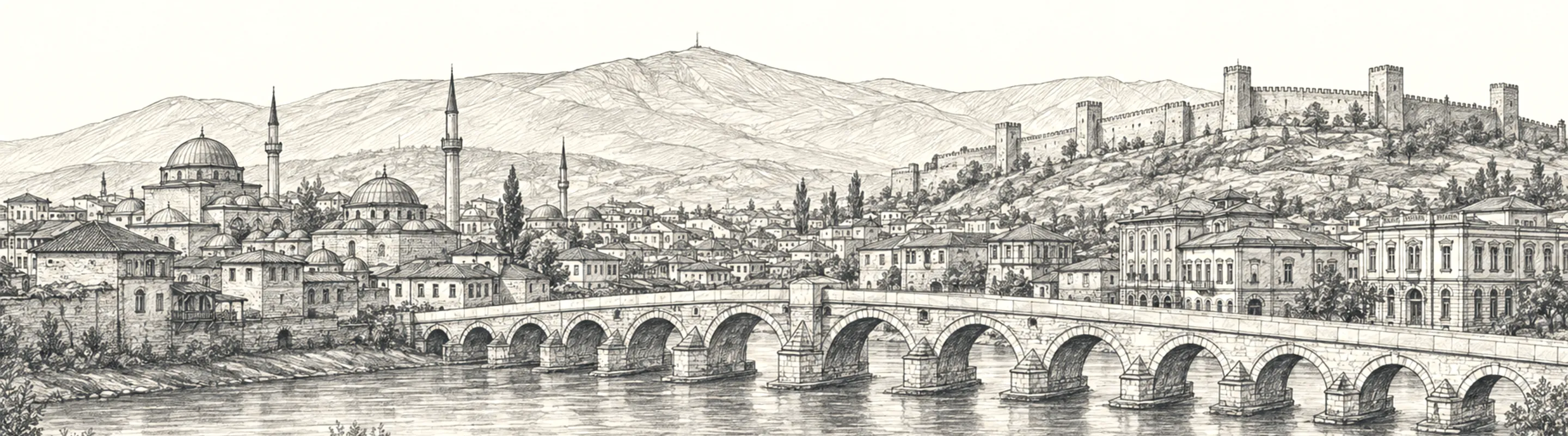 Vardar nehri üzerindeki Taş Köprü ve arkasında yükselen Üsküp Kalesi