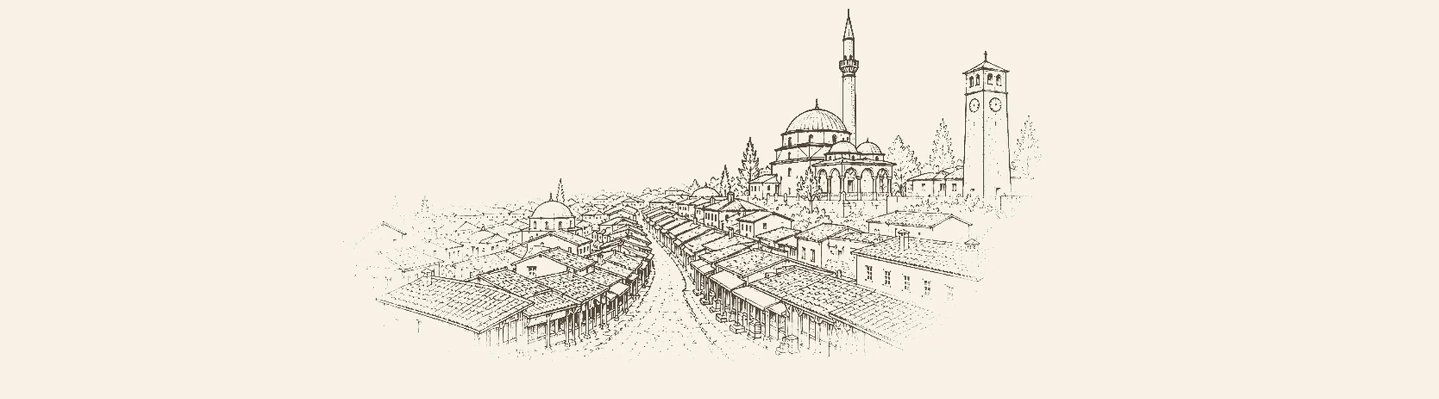 Yakova'nın kilometre boyu uzanan çarşısı, saat kulesi ve cami minaresi
