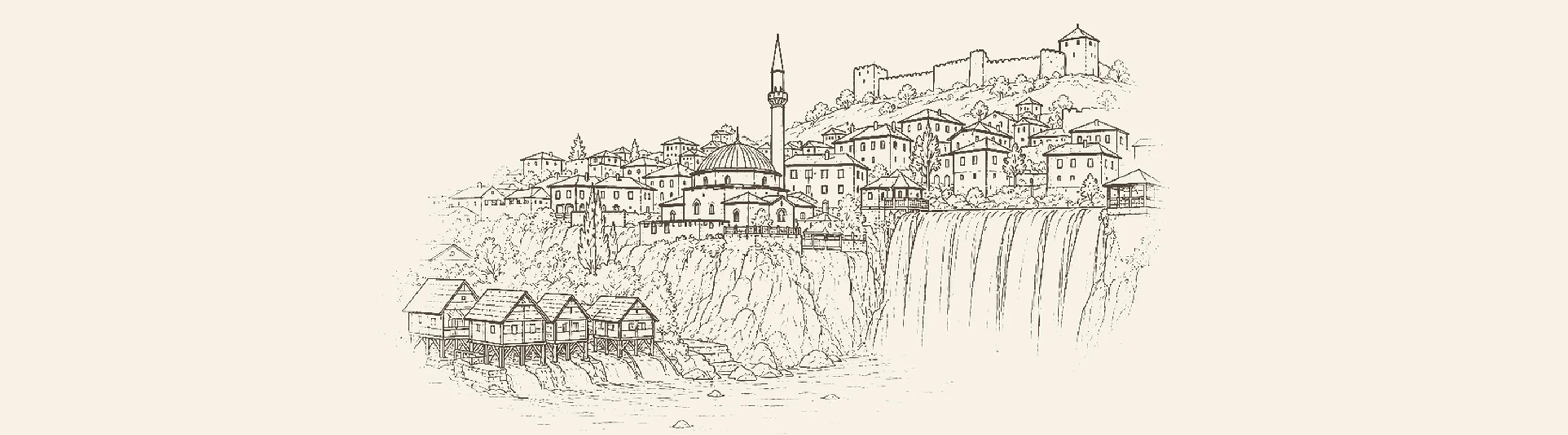 Yayçe'nin şehir merkezindeki şelalesi, surları ve tepedeki kalesi